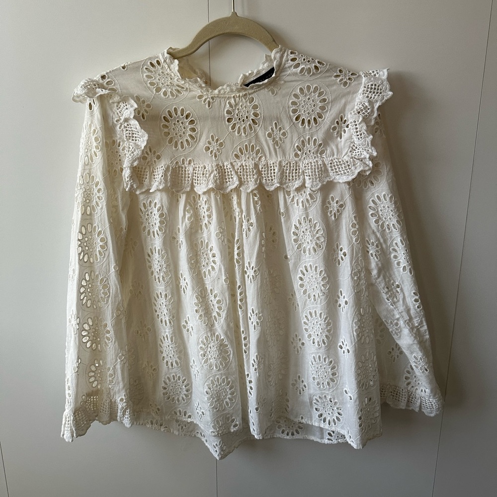 Zara White Eyelet Ruffle Blouse